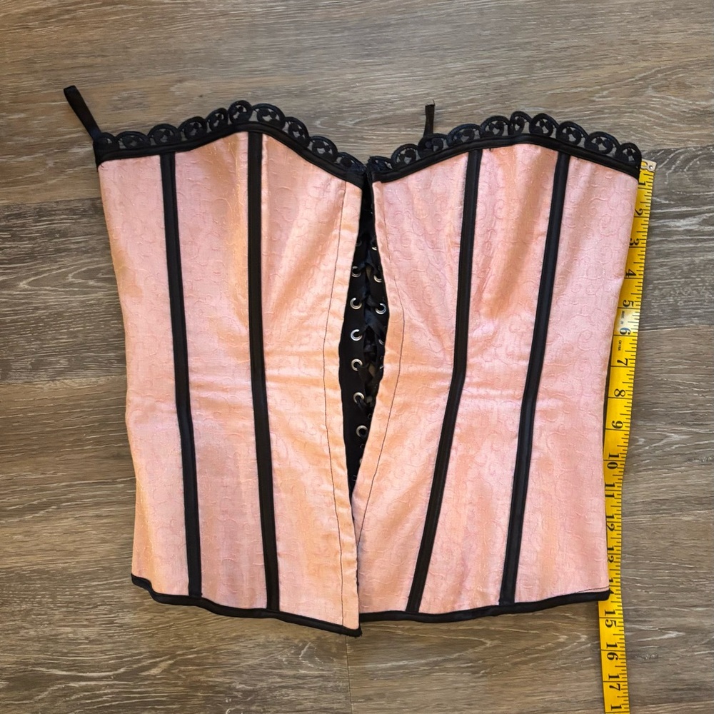 Pink Satin Brocade Corset Bustier Lace Up Boned Top M/L